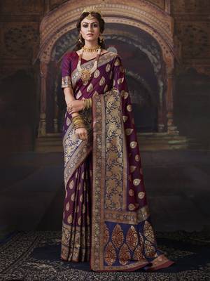 Wine woven banarasi silk saree with blouse 1
