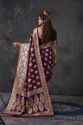 Wine woven banarasi silk saree with blouse 3