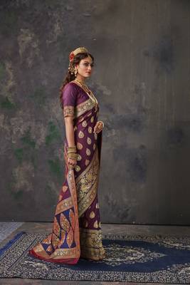 Wine woven banarasi silk saree with blouse 4