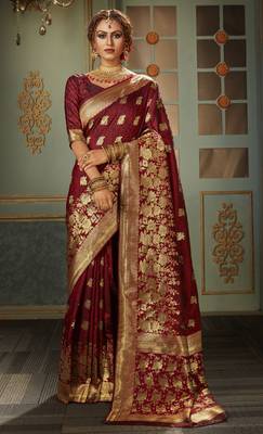 Maroon woven banarasi silk saree with blouse 1