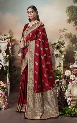 Maroon woven banarasi silk saree with blouse 1