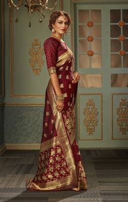 Maroon woven banarasi silk saree with blouse 4