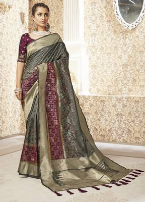 Grey woven banarasi silk saree with blouse 1