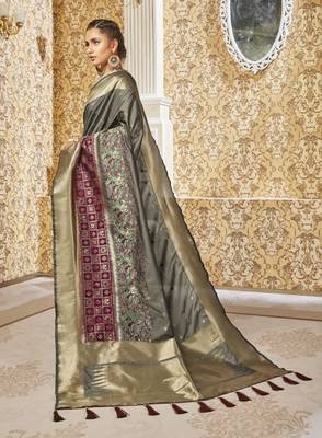 Grey woven banarasi silk saree with blouse 2