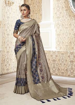 Grey woven banarasi silk saree with blouse 1