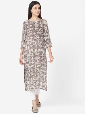 Grey colour Dabu Print Straight Muslin Kurta has a Round neck 3/4th Sleeves 1
