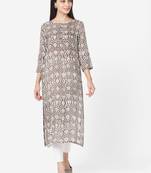 Grey colour Dabu Print Straight Muslin Kurta has a Round neck 3/4th Sleeves