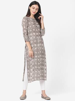 Grey colour Dabu Print Straight Muslin Kurta has a Round neck 3/4th Sleeves 3