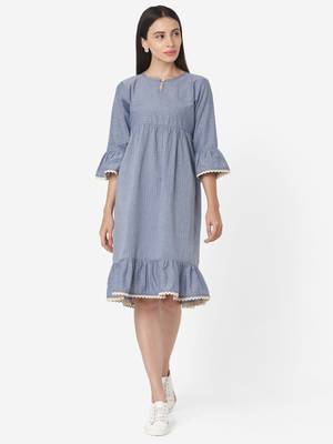 Grey colour Solid with Lace border Gathers Cotton Blend Dress has a Round neck Bell Sleeves 1