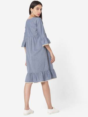 Grey colour Solid with Lace border Gathers Cotton Blend Dress has a Round neck Bell Sleeves 2