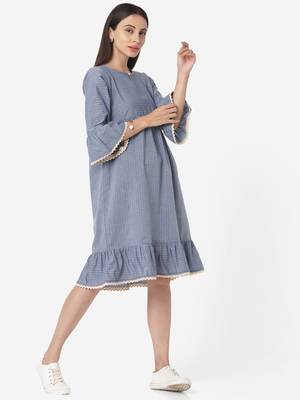 Grey colour Solid with Lace border Gathers Cotton Blend Dress has a Round neck Bell Sleeves 3