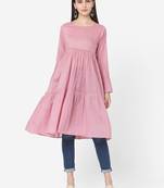 Pink colour Solid Gathers Cotton Dress has a Round neck Bell Sleeves