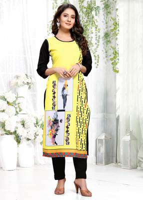 Yellow printed crepe ethnic-kurtis 1