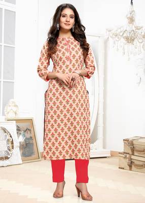 Beige printed cotton ethnic-kurtis 1