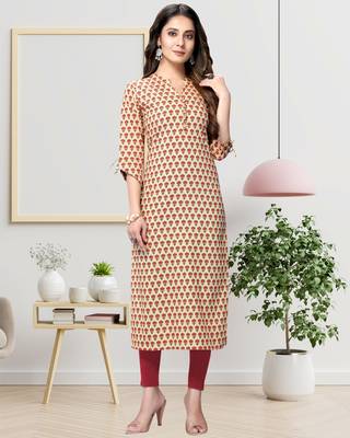 Beige printed cotton ethnic-kurtis 1
