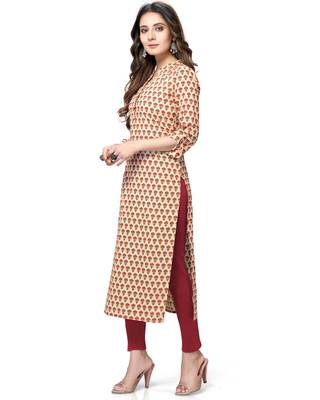 Beige printed cotton ethnic-kurtis 5