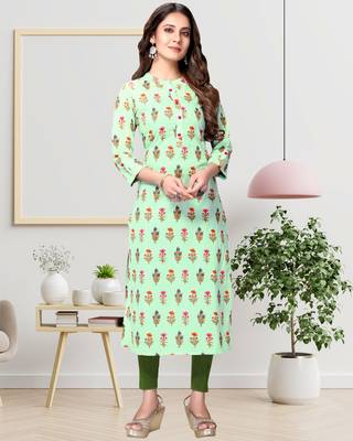Light-green printed cotton ethnic-kurtis 1