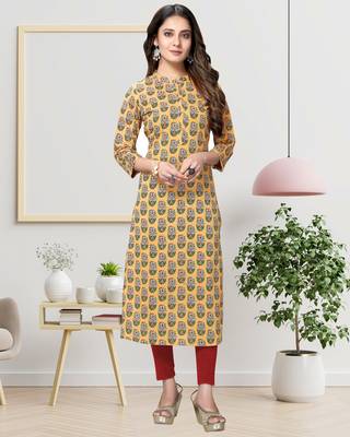 Yellow printed cotton ethnic-kurtis 1
