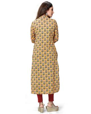 Yellow printed cotton ethnic-kurtis 3