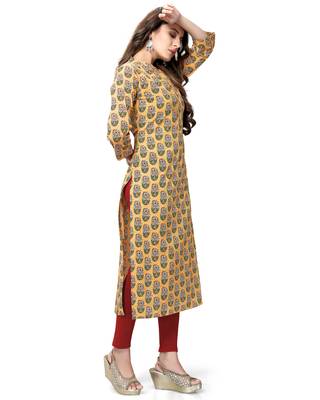 Yellow printed cotton ethnic-kurtis 4