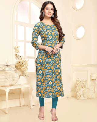 Teal printed cotton ethnic-kurtis 1
