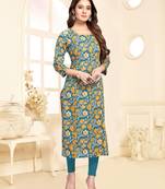 Teal printed cotton ethnic-kurtis