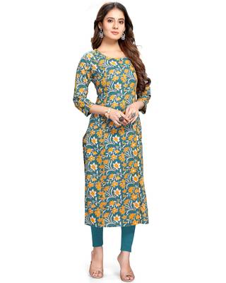 Teal printed cotton ethnic-kurtis 2