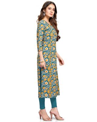 Teal printed cotton ethnic-kurtis 4