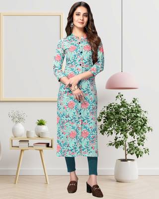 Light-blue printed cotton ethnic-kurtis 1
