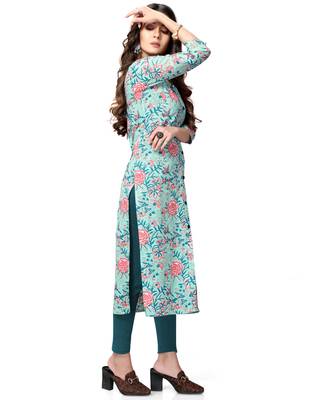 Light-blue printed cotton ethnic-kurtis 4