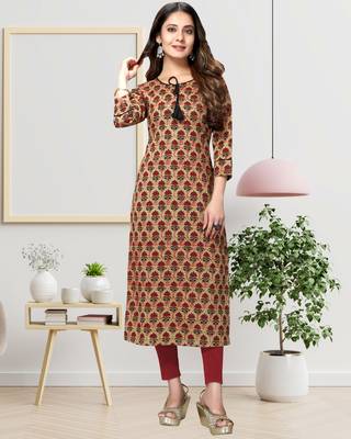 Beige printed cotton ethnic-kurtis 1