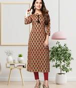 Beige printed cotton ethnic-kurtis