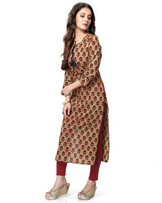 Beige printed cotton ethnic-kurtis 5