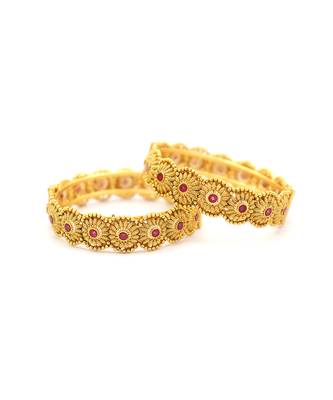 Gold Plated Ruby Stone Studded Designer Bangle Set Of 2 3