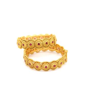 Gold Plated Ruby Stone Studded Designer Bangle Set Of 2 4