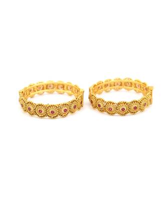 Gold Plated Ruby Stone Studded Designer Bangle Set Of 2 5