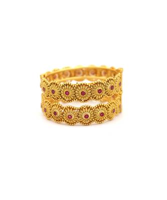 Gold Plated Ruby Stone Studded Designer Bangle Set Of 2 8