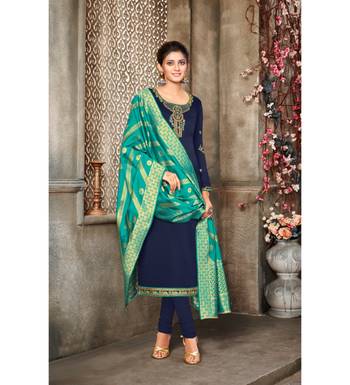 Navy Blue & Teal Satin Georgette Embroidered Dress Material 1