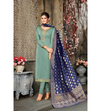 Sea Green & Blue Satin Georgette Embroidered Dress Material 1