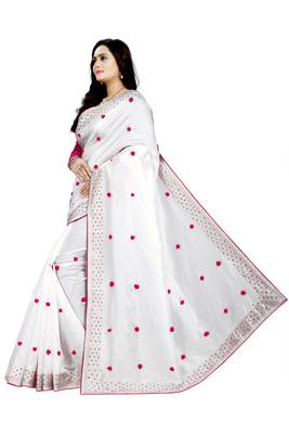 Paper Silk heavy hotfix permanent machine diamond work with pom pom pasting work in saree with Blouse 2