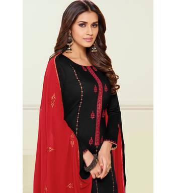 Black & Red Jam Silk Embroidered Dress Material 2
