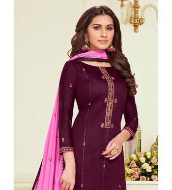 Magenta & Pink Jam Silk Embroidered Dress Material 3