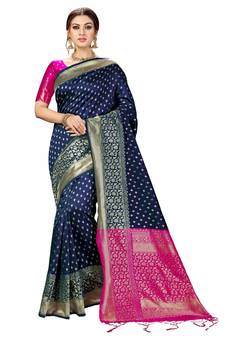 Trendmalls Heavy Embroidery art Banarasi Silk Blue Party Wear Saree With Blouse