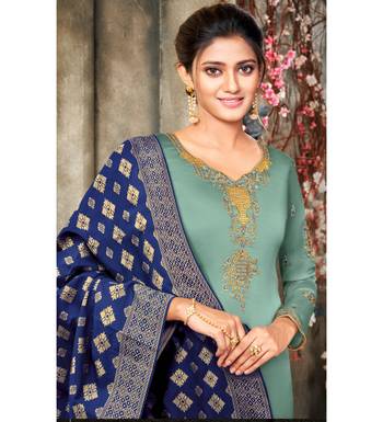 Sea Green & Blue Satin Georgette Embroidered Dress Material 2