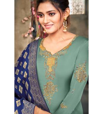 Sea Green & Blue Satin Georgette Embroidered Dress Material 3