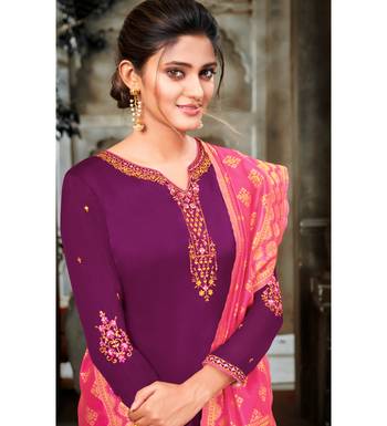 Magenta & Pink Satin Georgette Embroidered Dress Material 2