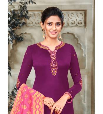 Magenta & Pink Satin Georgette Embroidered Dress Material 3