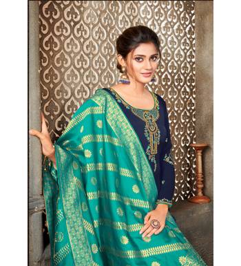 Navy Blue & Teal Satin Georgette Embroidered Dress Material 2