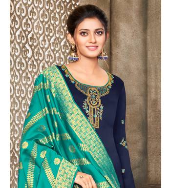 Navy Blue & Teal Satin Georgette Embroidered Dress Material 3