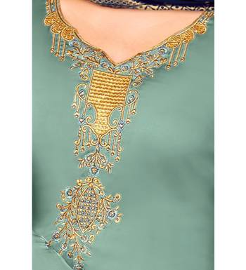 Sea Green & Blue Satin Georgette Embroidered Dress Material 6